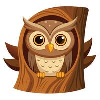 Puzzled curious owl carefully looking out from a cavity in an old tree vector