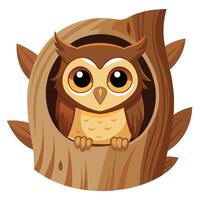 Observant curious owl with large yellow eyes peeking from a hole in a tree vector