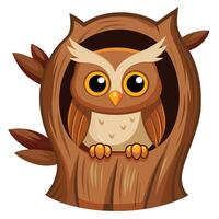 Inquisitive curious owl with big round eyes peeking from a hollow tree trunk vector