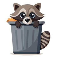 Observant curious raccoon with its striped tail visible while peeking from a dustbin vector