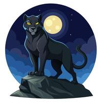 Graceful black panther silhouetted on a cliff under the moon art vector