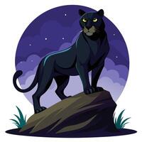 Sleek black panther on a stone at night with glowing eyes art vector