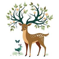 Elegant deer with tree branch antlers and tiny birds illustration vector