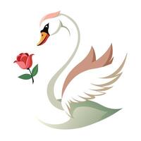 Charming elegant swan carrying a delicate rose in its beak with an arched neck vector