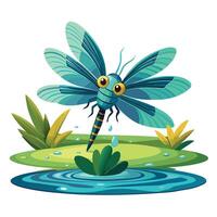 Active energetic dragonfly poised above a serene pond with translucent wings catching light vector