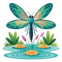 Dynamic energetic dragonfly flying in place over a still pond with bright wings vector