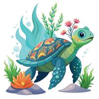 Whimsical fantasy sea turtle featuring a shell encrusted with intricate coral patterns vector