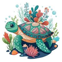Enchanting fantasy sea turtle with a shell adorned with vibrant coral formations vector