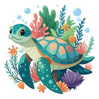 Magical fantasy sea turtle with a shell beautifully covered in colorful coral vector