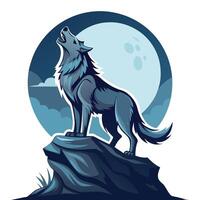 Fierce wolf howling on a rocky cliff with the moon in the background vector