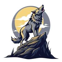 Predatory wolf howling on a cliff at night with the moon behind art vector