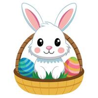 Happy bunny with a fluffy tail in a basket with Easter eggs and blossoms art vector