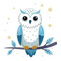 Adorable snowy owl with fluffy plumage on a branch with falling snow illustration vector