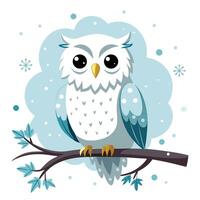 Fluffy snowy owl sitting on a branch with snowflakes illustration vector