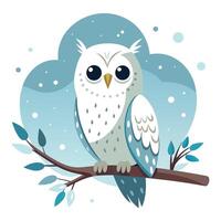Happy fluffy snowy owl on a branch with snowflakes around art vector