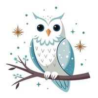 Cute white owl with fluffy feathers perched on a snowy branch art vector