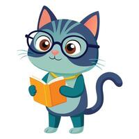 Happy cat with big round glasses reading a storybook art illustration vector