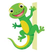 Silly funny gecko with a cheerful smiley face crawling up a surface vector