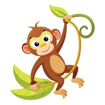 Goofy funny monkey dangling from a vine with a banana in its grasp vector