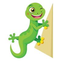 Goofy funny gecko with a wide grin climbing vertically on a wall vector