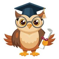 Amusing funny owl with a grad cap on and a rolled-up diploma in its talons vector