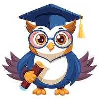 Goofy funny owl in a graduation hat holding a degree in its wing vector