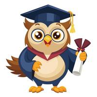 Hilarious funny owl wearing a graduation cap and holding a diploma scroll vector