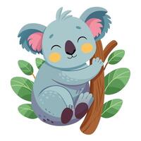 Adorable furry koala hugging a tree branch tightly while peacefully sleeping vector