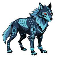 Sleek futuristic cyber wolf with intricate neon blue circuit patterns across its fur vector