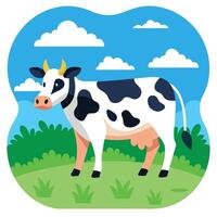 Calm cow eating grass in a meadow under a bright sky art vector