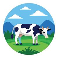 Serene cow feeding in a field with a blue sky above art vector