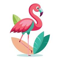 Beautiful flamingo balancing on a single leg with a tropical blossom illustration vector