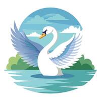 Graceful swan spreading its wings on a calm lake illustration vector