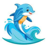Cheerful happy dolphin surfing on a large wave with a surfboard and a big splash vector