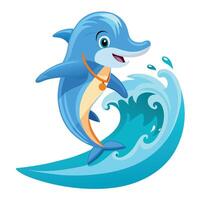 Joyful happy dolphin riding a surfboard on a giant ocean wave with excitement vector