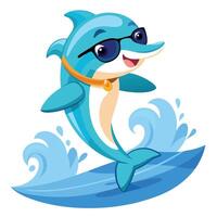 Cheerful happy dolphin sporting sunglasses while surfing on a bright blue wave vector
