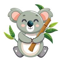Loving happy koala hugging a bamboo stick with a heart-shaped leaf vector