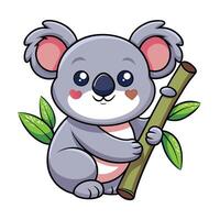 Sweet happy koala embracing a bamboo stalk with a leaf in a heart shape vector