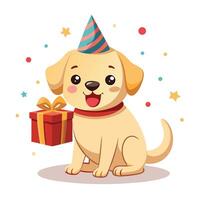 Cheerful happy lab puppy with a party hat on holding a present happily vector