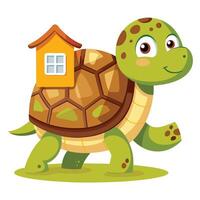 Cheerful happy turtle with a tiny house on its back walking slowly vector