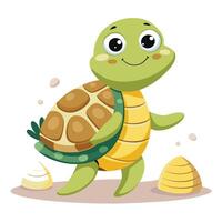Comical happy tortoise trying to balance a tower of tiny shells on its head vector