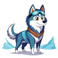 Excited husky dog with goggles on prepared for a snowy outdoor expedition vector