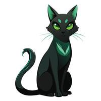 Eerie mysterious black cat with piercing green eyes sitting silently in shadows vector