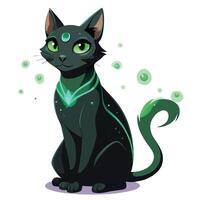 Enigmatic mysterious black cat with glowing green eyes sitting in the dark vector