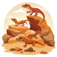 Enigmatic mysterious geckos ascending rough walls in a lonely desert environment vector