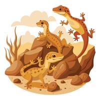 Eerie mysterious geckos climbing walls in a desolate desert setting at night vector