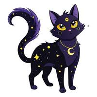 Magical mystical black cat featuring a moon and stars design on its coat vector