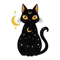 Mysterious mystical black cat adorned with a moon and stars pattern on its fur vector