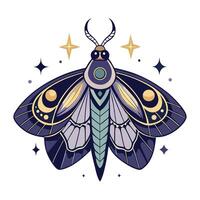 Dreamy mystical moth with celestial moon and stars elements on its wings vector