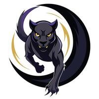 Ethereal mystical black panther emerging from a glowing crescent moon in vector